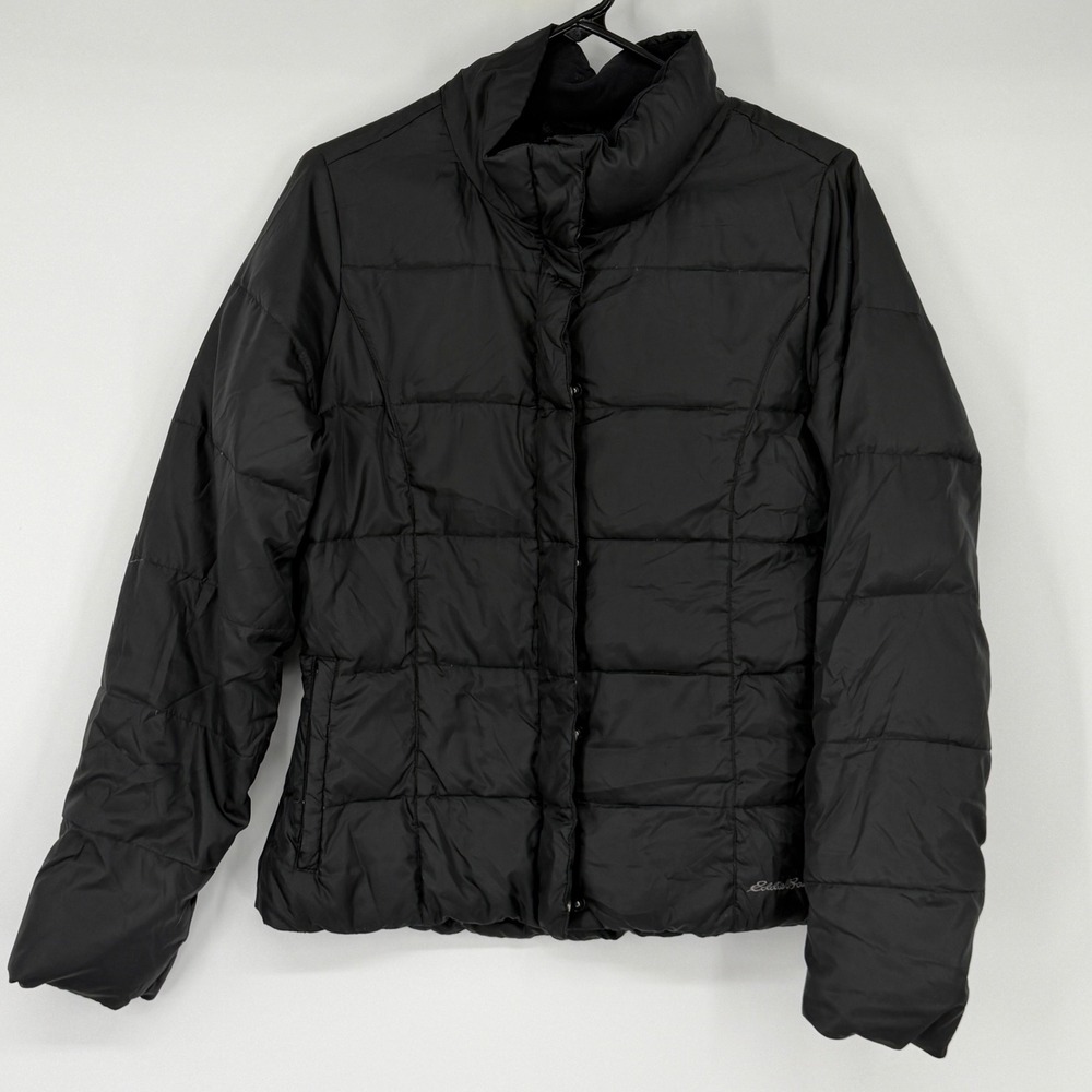 Eddie Bauer Black Goose Down Puffer Jacket Size M Quilted Full‎ Zip Snap